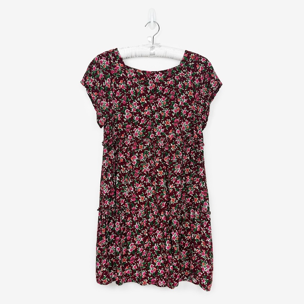 Natural Life Berkley Short Dress Size M Burgundy Floral Tiered Babydoll Boho